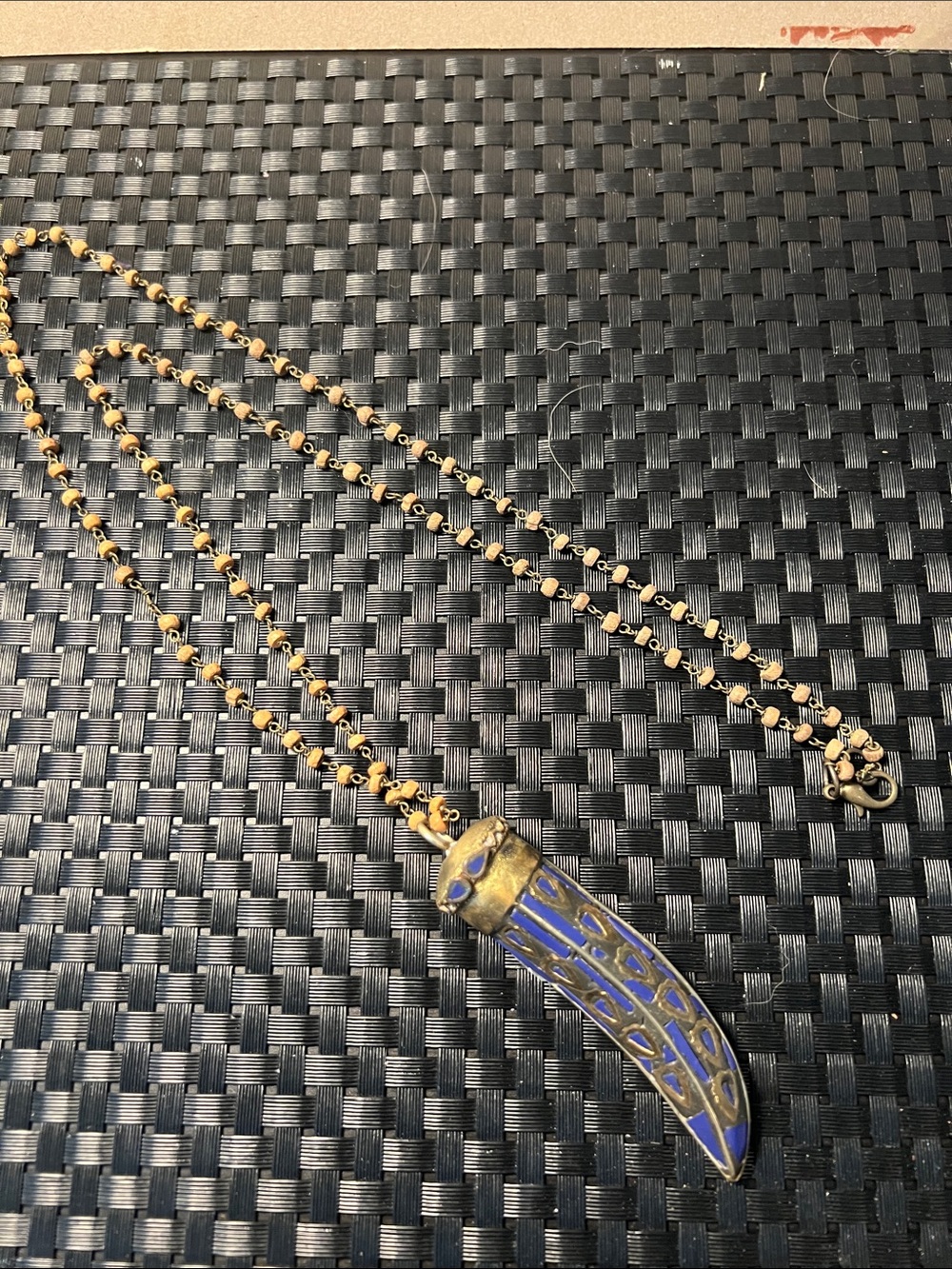 Lapis Lazuli Tibetan Nepalese Gold Tone Necklace with Blue Enamel Pendant